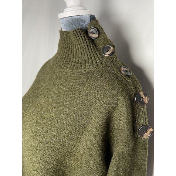 Anthropologie Olive Green Ribbed Turtleneck Sweater With Button Detail & Long Sl - Picture 2 of 13